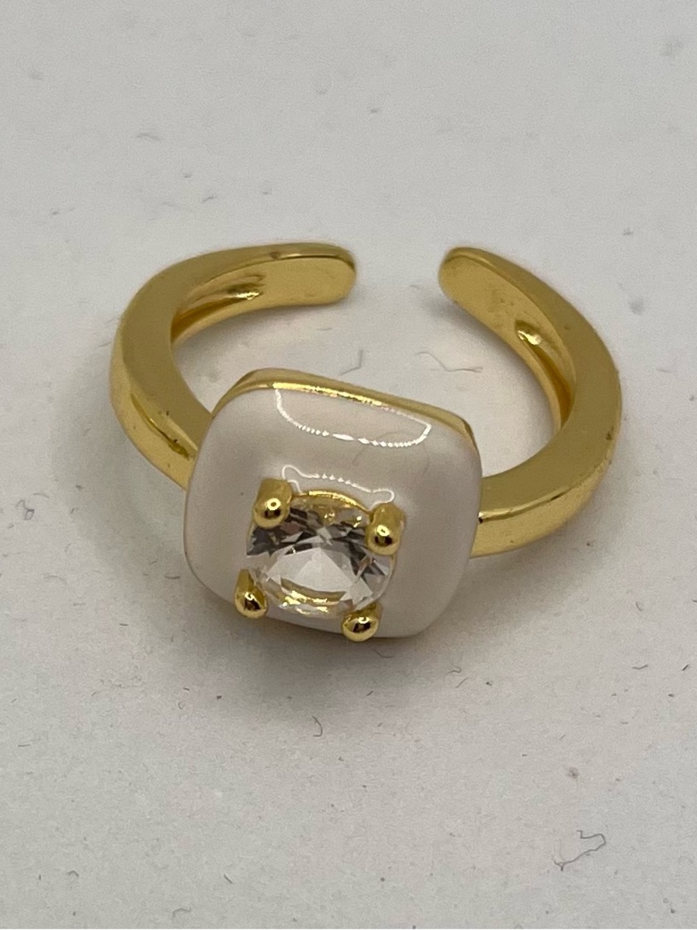 Gold-Tone Ring with White Enamel and Clear Stone - Women's Jewelry